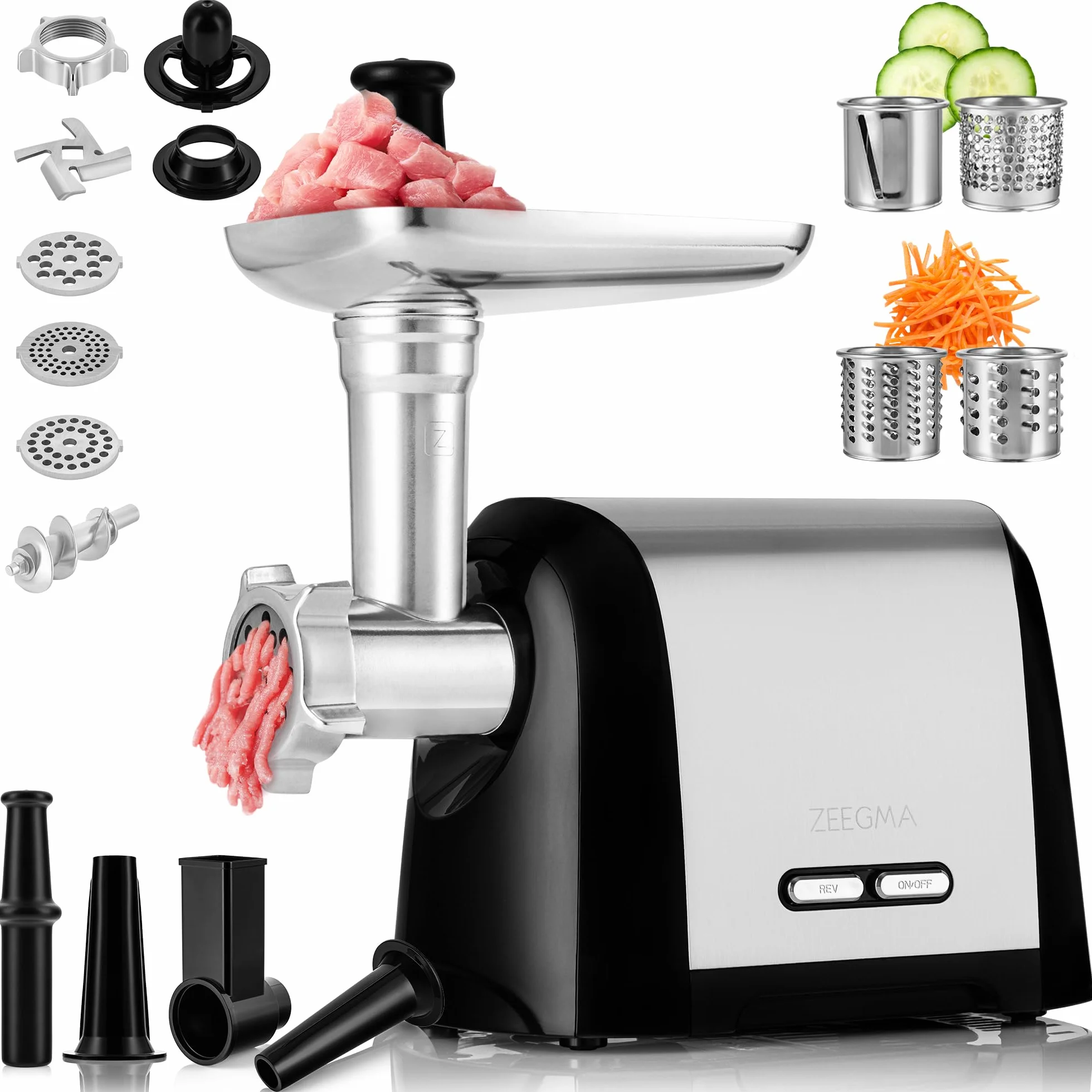 ZEEGMA Molen Chef Tritacarne Elettrico da 1900 W | 3-4 Dischi in Acciaio Inox, Accessorio per Salsicce e Kubbe, Tagliaverdure, Funzione Reverse