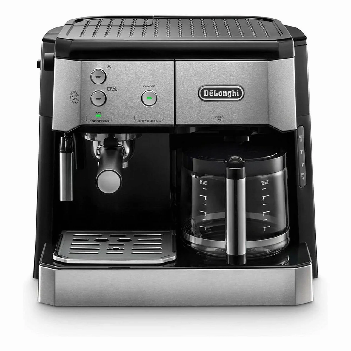 Macchina da caffè combinata De'Longhi BCO 421.S — macchina da caffè con portafiltro espresso e funzione filtro con beccuccio per schiumare il latte, caraffa in vetro e sistema di filtraggio dell'acqua