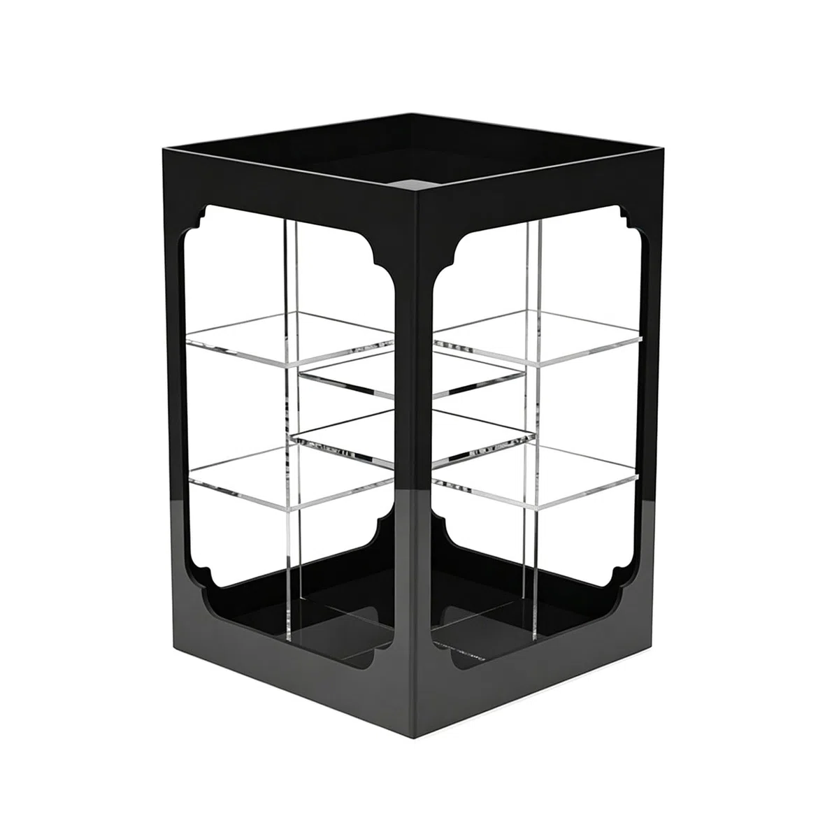 Estante de Té Acrílico Negro Giratorio 360°, Organizador Compartimentos Abiertos Borde Pulido Base Estable, Almacenaje Encimera Cocina Teteras Tarros Tazas(Black+Transparent)