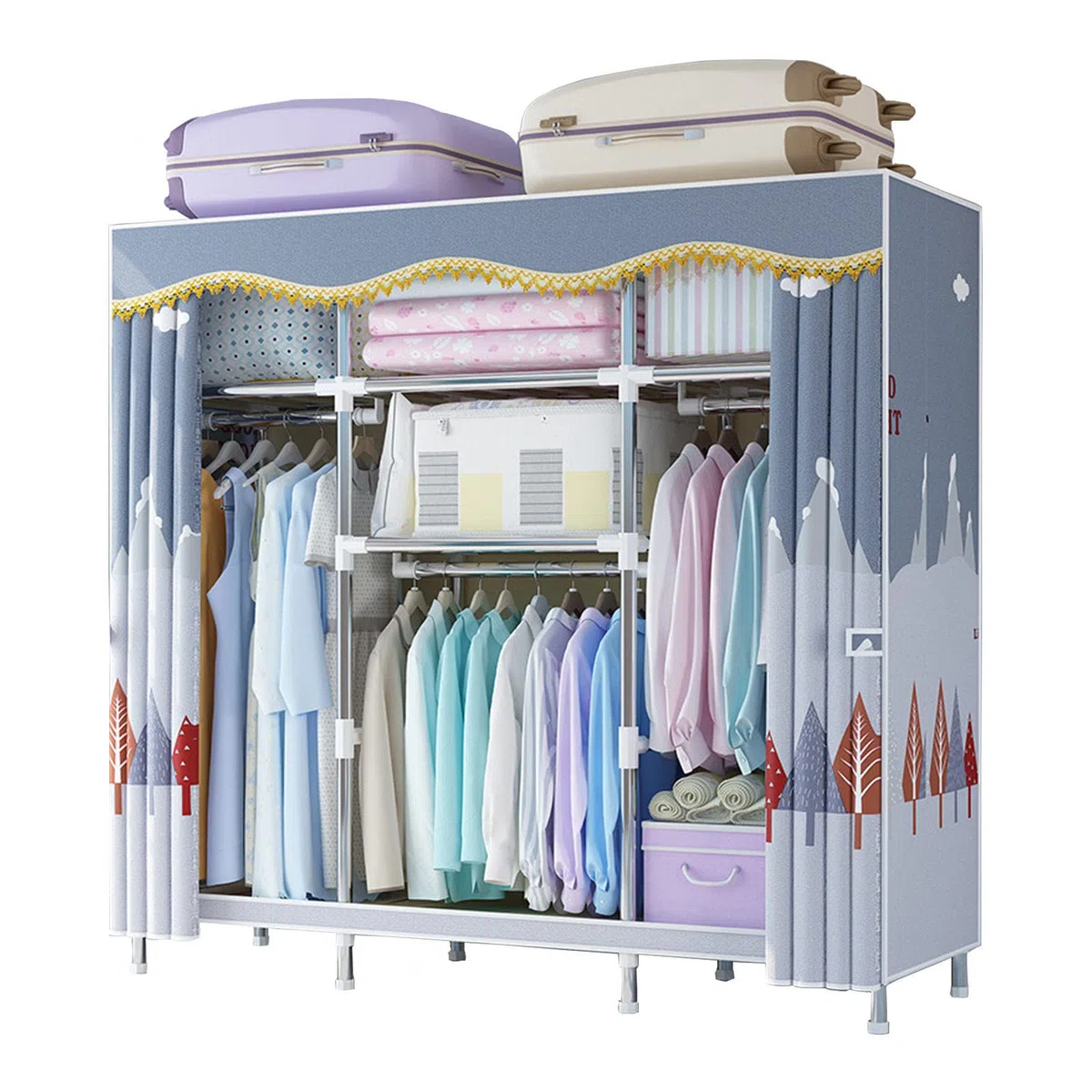 Canvas-Kleiderschrank, tragbarer Kleiderschrank, Aufbewahrungsorganisator für Kleiderschränke mit Kleiderstange, Regalen, Stoffbezug, faltbarer Schrank für Schlafzimmer, Wohnzimmer