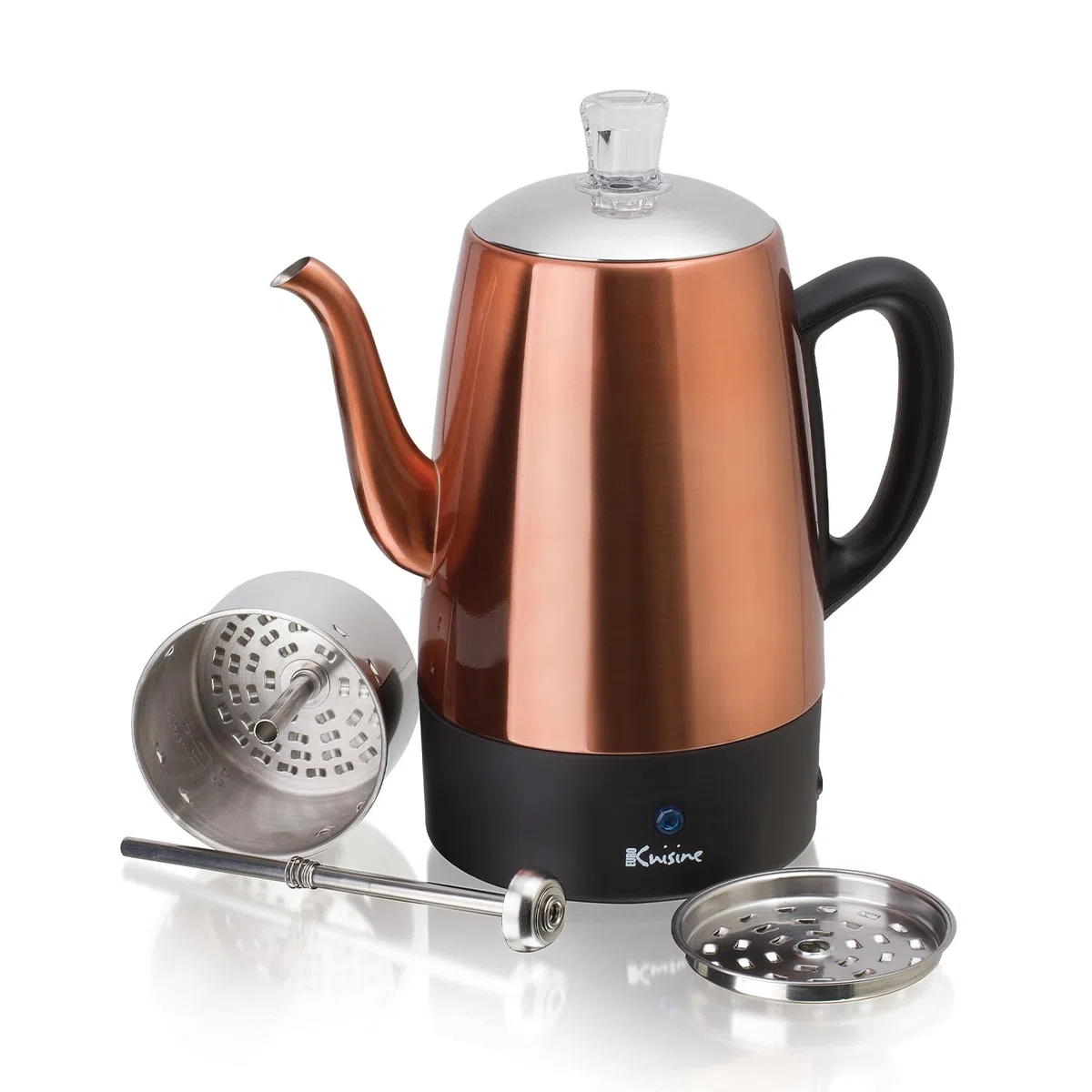 Euro Cuisine PER08 - Percolatore elettrico per caffè in acciaio inox, 8 tazze, finitura in rame lucido, beccuccio a collo di cigno antigoccia, manopola in vetro trasparente, indicazione della birra