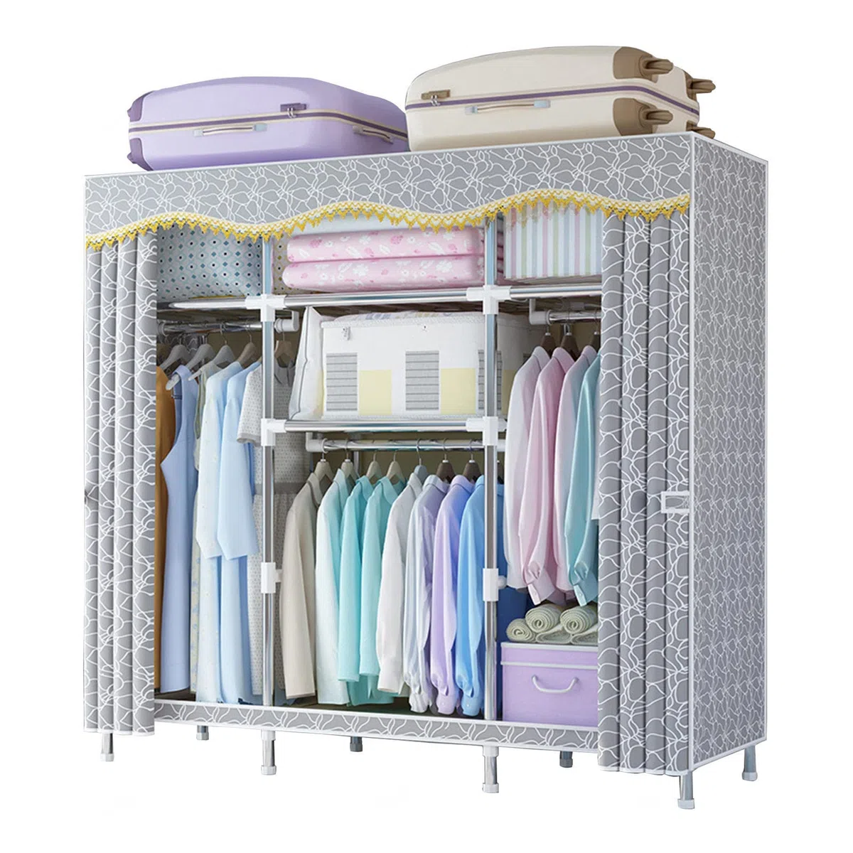 Canvas-Kleiderschrank, tragbarer Kleiderschrank, Aufbewahrungsorganisator für Kleiderschränke mit Kleiderstange, Regalen, Stoffbezug, faltbarer Schrank für Schlafzimmer, Wohnzimmer